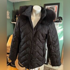 Anne Klein down filled black fox fur trim coat-L stunning!